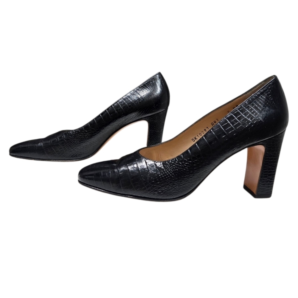 Salvatore Ferragamo Black Pumps Size 9 AA Leather Croc Embossed Heels Italy - Picture 2 of 15